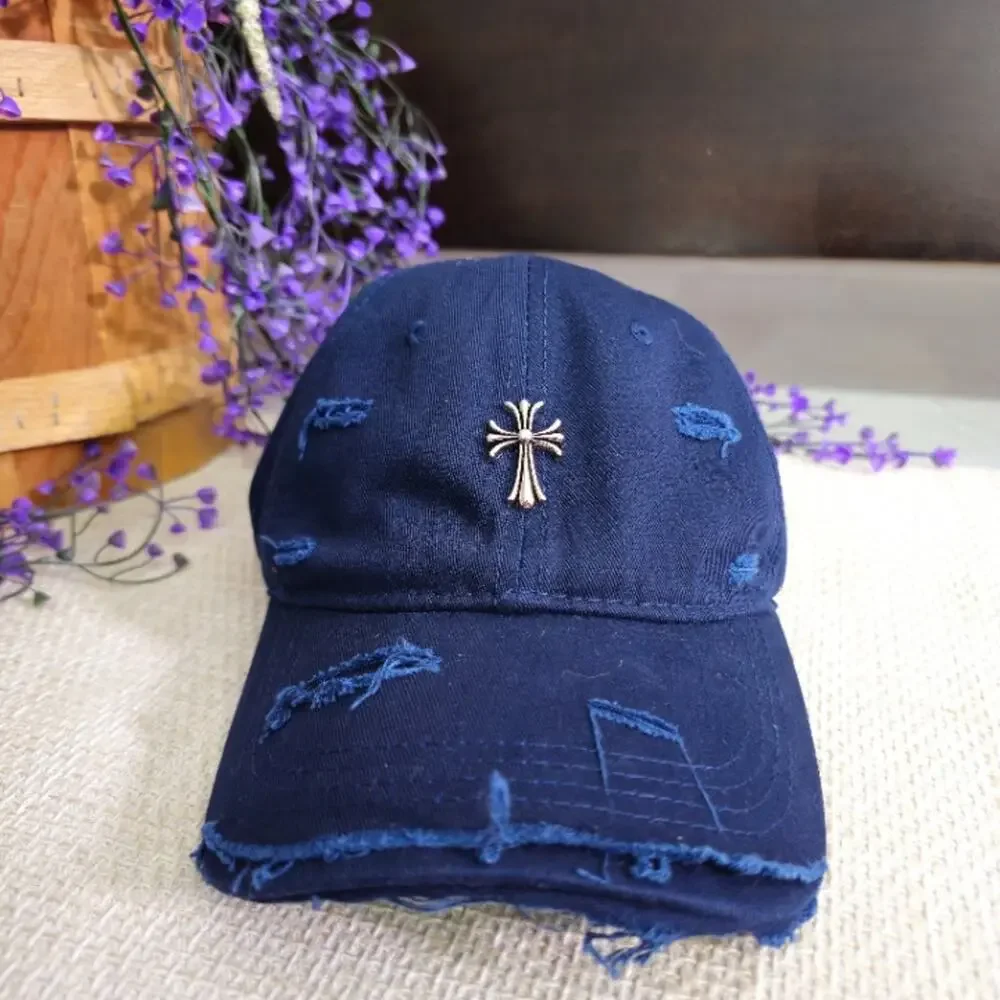 Gothic Cross Charm Distressed Denim Dad Hat Navy Blue OS Like New
